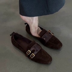 现货复古方头百搭气质通勤小众舒适显瘦皮带扣设计浅口平底单鞋