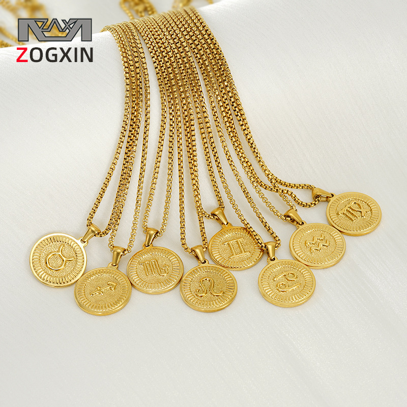 Collar transfronterizo de doce constelaciones de acero de titanio europeo y americano femenino 18K redondo tendencia de moda colgante de constelaciones de acero inoxidable clavícula