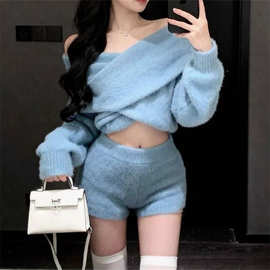 仿貂毛秋冬新款纯欲慵懒风一字肩针织衫毛衣女套装性感露肩两件套