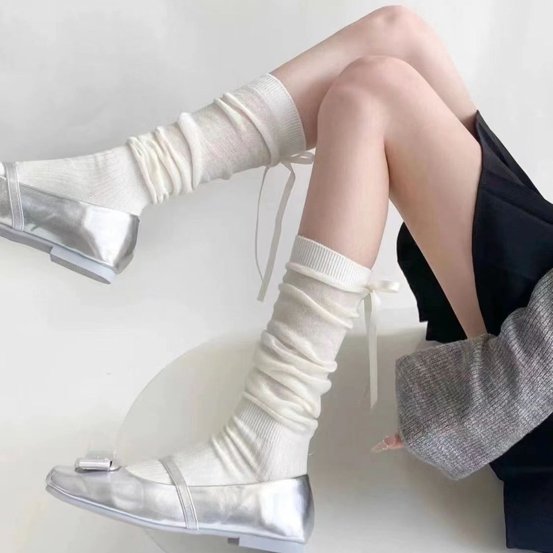 miu miuqi~バレエ風リボンパイルカーフソックス膝上リボンレディースJKスプライシングシンプルストッキング|undefined