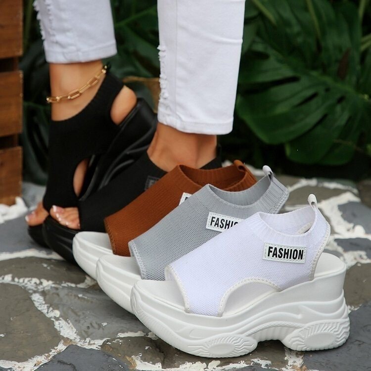 Cross-border exclusive multi-color fly-knit platform sandals, fashionable patch-decorated sandals, large sizes 35-43, in stock for wholesale Cross-border exclusive multi-color fly-knit platform sandals, fashionable patch-decorated sandals, large sizes 35-43, in stock for wholesale