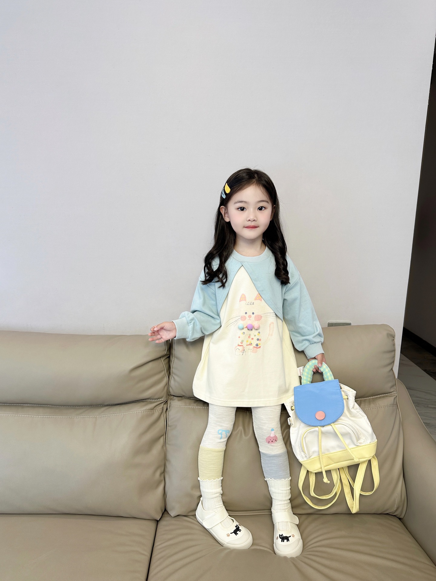 (2개) 2024 새로운 가을 어린이 라글란 소매 새끼 고양이 스웨터 귀여운 레깅스 세트