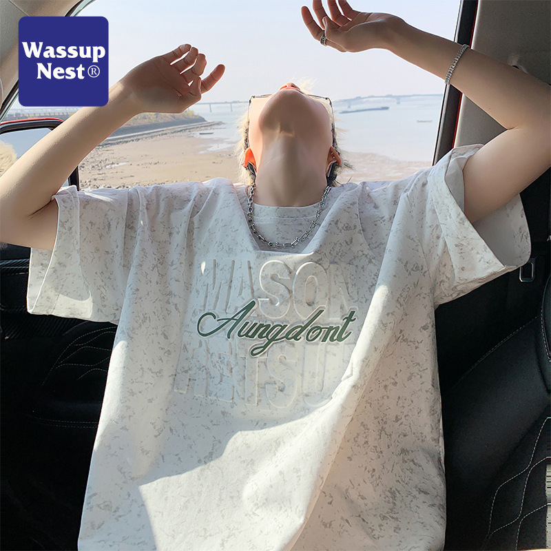 WASSUPNEST Summer Short-sleeved Men's Loose Steel Print Half-sleeve T-shirt for Teenagers American Style Cool T-shirt for Men