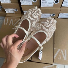 ZA刺绣珍珠网眼芭蕾舞鞋女时尚网纱圆头平底一字扣带玛丽珍女单鞋