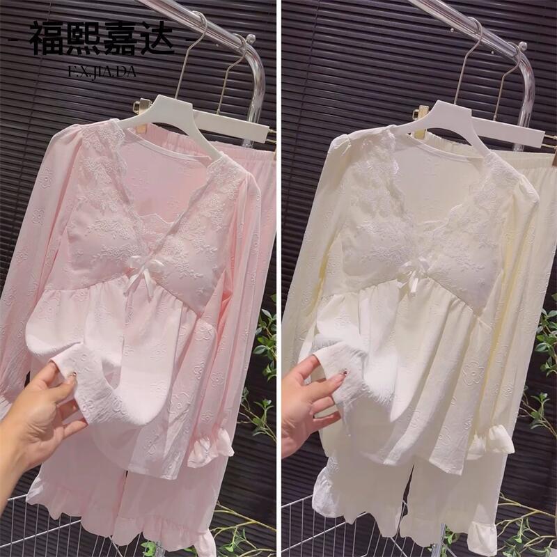 Autumn 2024 New Pajamas suit Women's Sweet High-end Lace Stitching Pants Home Clothes Age-reducing Foreign Style
