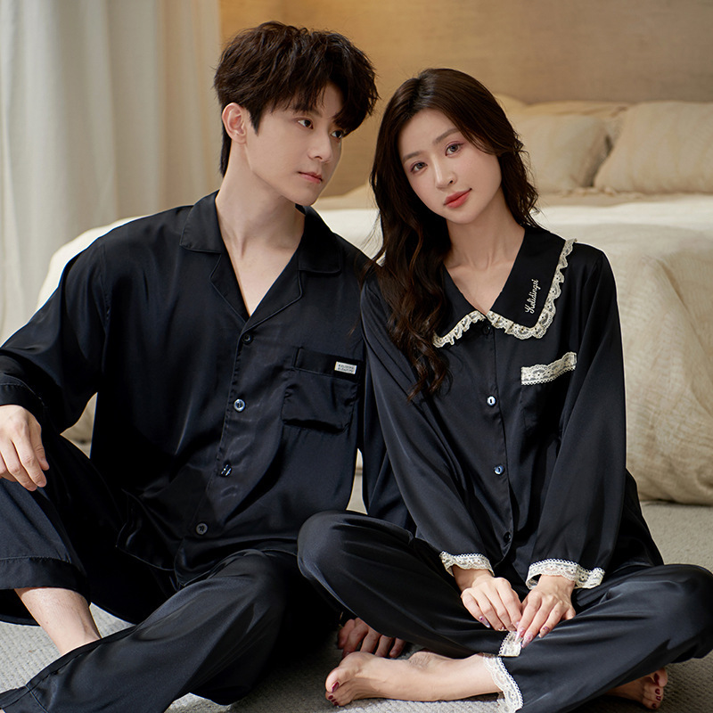 Spring and Autumn 2025 Pajamas Ice Silk Women's Long Sleeve Sexy Lace Sling Nightgown Morning Gown Men's Home Clothes suit