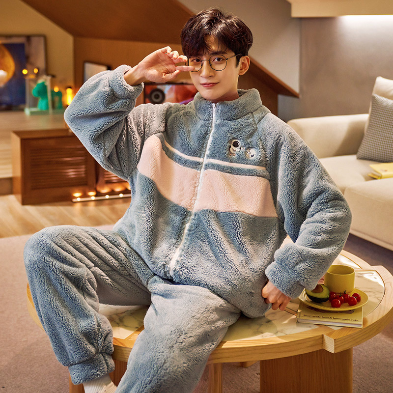 (2개) 겨울 산호 벨벳 남성용 잠옷, 남성용 새 스타일 플러스 벨벳, 두껍고 뚱뚱한 플러스 사이즈 플란넬 가정복 세트