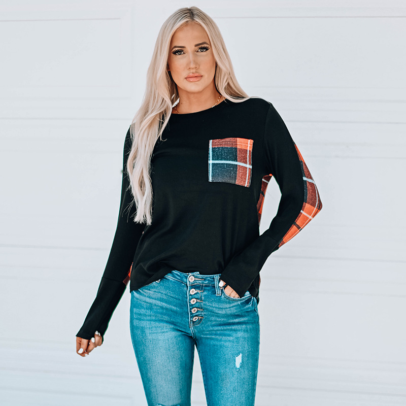 時(shí)穎圣誕節(jié)跨境外貿(mào)上衣女秋亞馬遜新款格子拼接中長款外貿(mào)t恤女