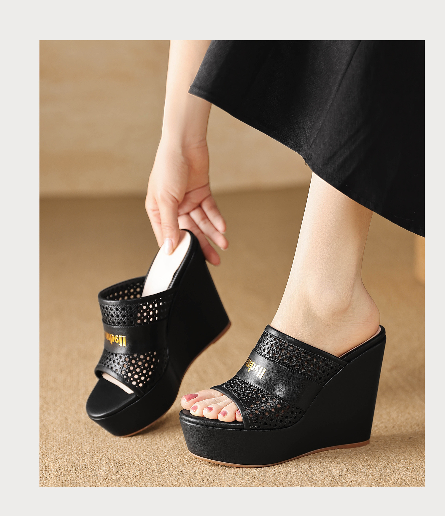 Sandal cao gót nữ hở mũi quai ngang đế xuồng da bò — màu đen, màu trắng ngà chi tiết 13