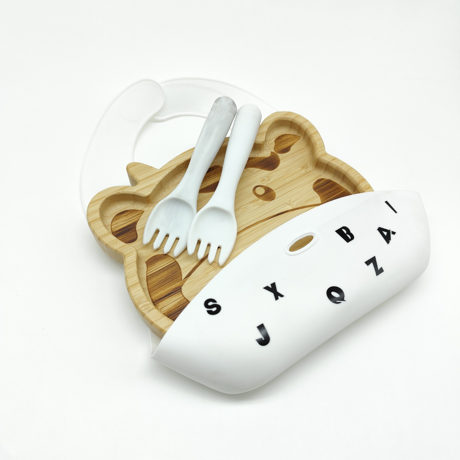 4종세트 [소-대나무 디너접시+포크+스푼+턱받이]