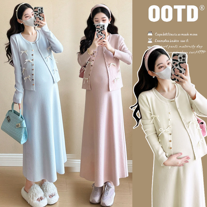 Pregnant Women's Spring Dress, High-End and Trendy Mom's New Loose Long-Sleeved Knitted Cardigan Suspender Skirt Petite Suit