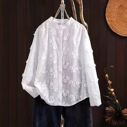 2026 Amazon Aliexpress Women's Elegant Three-Dimensional Floral Shirt Water-Soluble Lace Embroidery Top