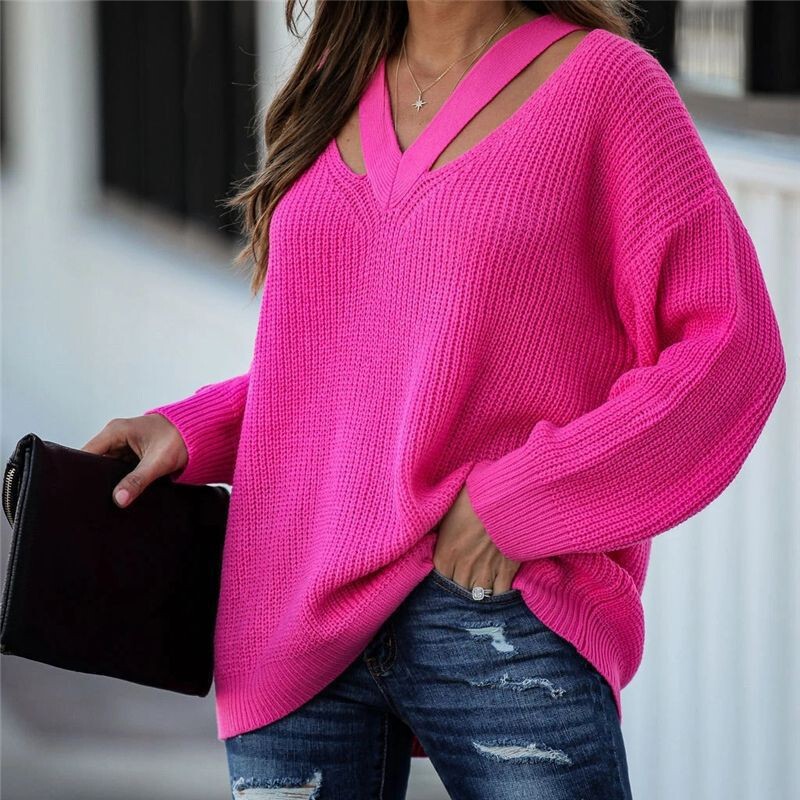 2025 Cross-Border Autumn and Winter Solid Color Knitwear Amazon Pullover Loose Plus Size Elegant Commuting V-Neck Sweater for Women