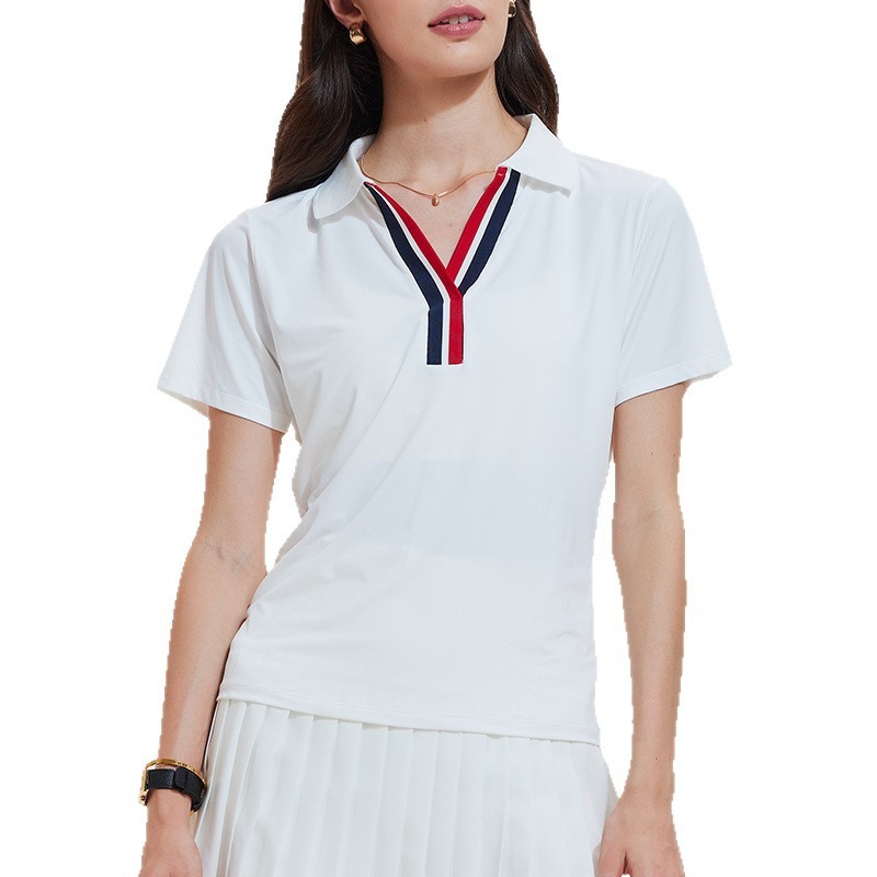 跨境新款运动短袖女休闲宽松V领健身T恤户外速干跑步网球服POLO衫|undefined