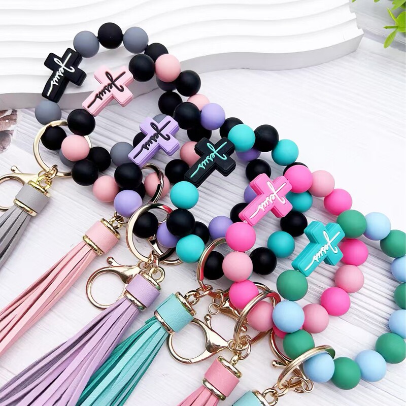 Cross-Border Hot-Selling Cross Silicone Beaded Anti-Lost Bracelet Leopard Print Beads Pu Tassel Bracelet Bracelet Keychain Pendant