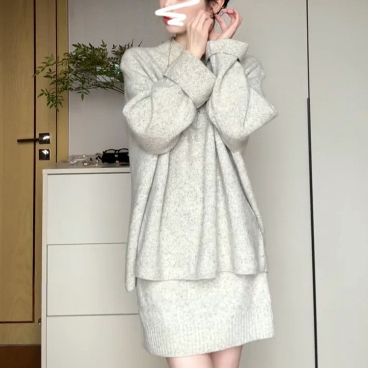韩系感纯色毛衣套装女2025年秋冬季新款慵懒风针织衫半身裙两件套|undefined