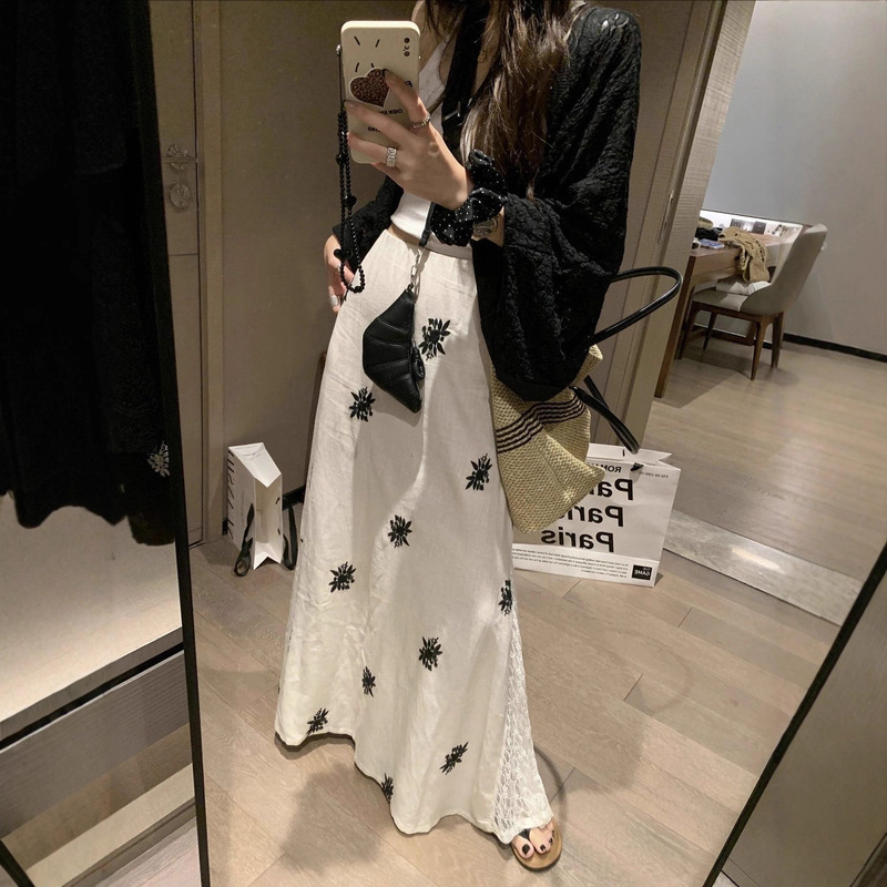 Fanccy Linen Embroidered Lace Splicing Skirt Women's 2026 Summer New Style A-Line Mid-Length Design Skirt
