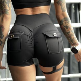 Cross-Border European and American Workwear Pocket Shorts Women's Elastic Leg Rings High Waist Sexy Summer Fitness Sports Yoga Running