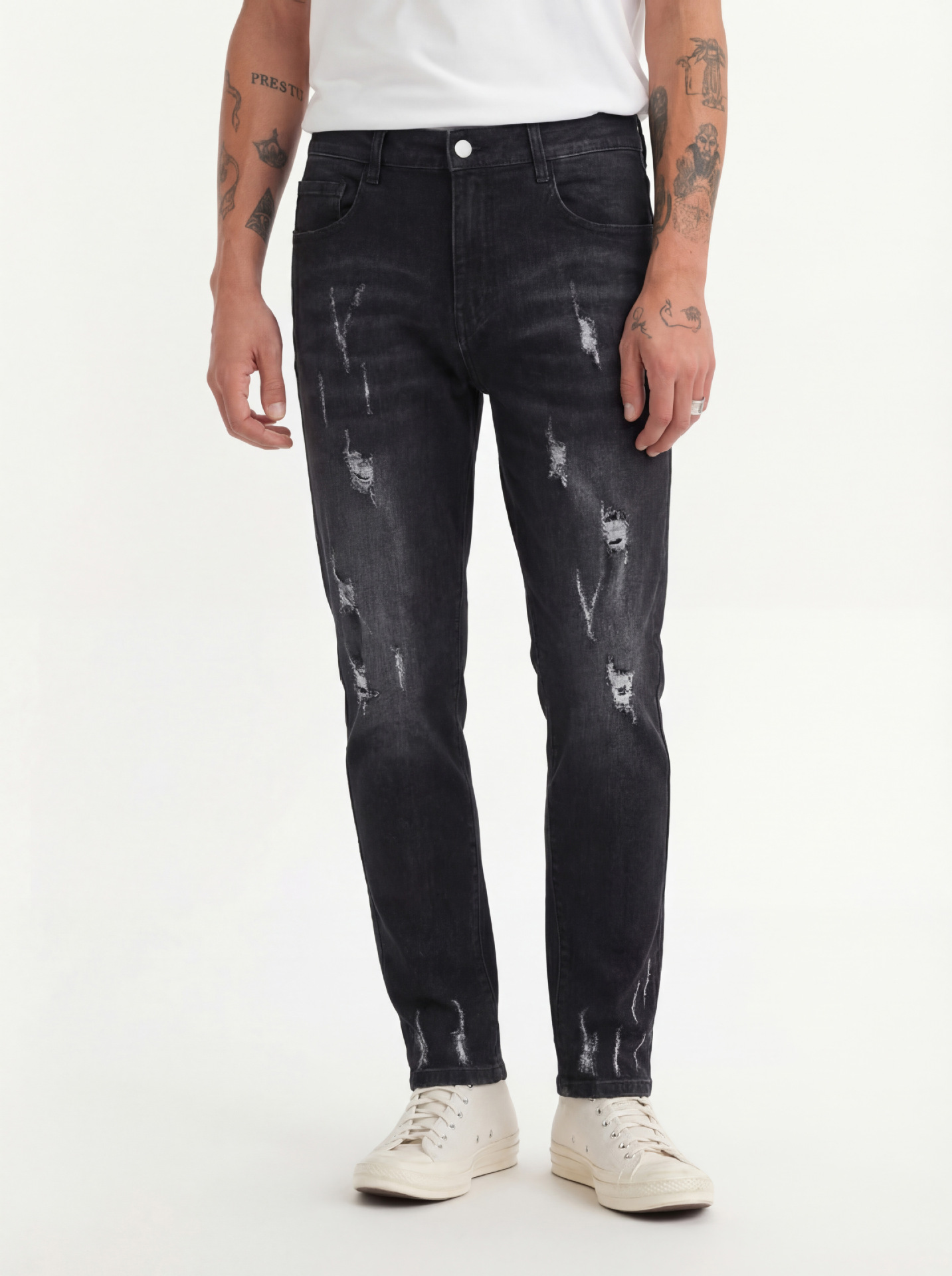 Men's Slim Fit Jeans Fashion Trend Elastic Patch Denim Trousers Mid Waist Black Long Casual Cotton Pants_mkmklike.com
