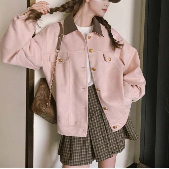 Spring and Autumn 2025 New Pink Suede Work Jacket Women's Sweet Petite College Style Casual Tops Top