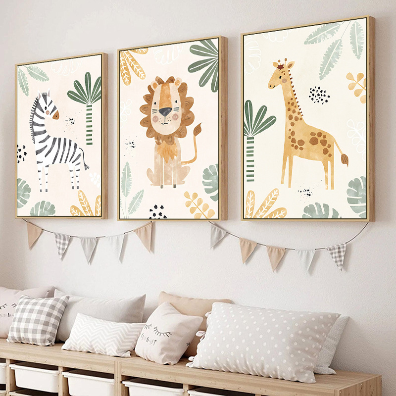 Amazon cruzada venta caliente pintura decorativa moderna sala de estar dormitorio dibujos animados animales leones sin marco con marco
