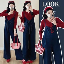 孕妇秋季装套装2025新款牛仔背带裤上衣时尚套装洋气时髦孕妈穿搭