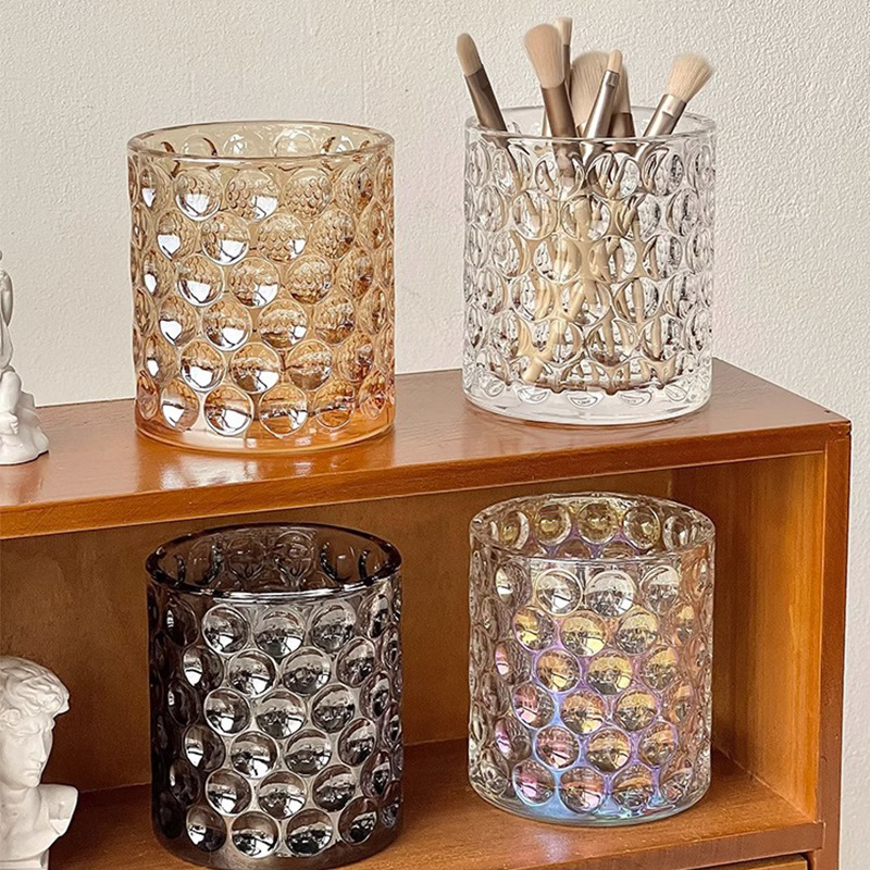 Taza de vidrio de punto simple taza de agua ins puntos de viento cepillo de maquillaje bolígrafo decoración de escritorio candelabros taza de frasa de banano