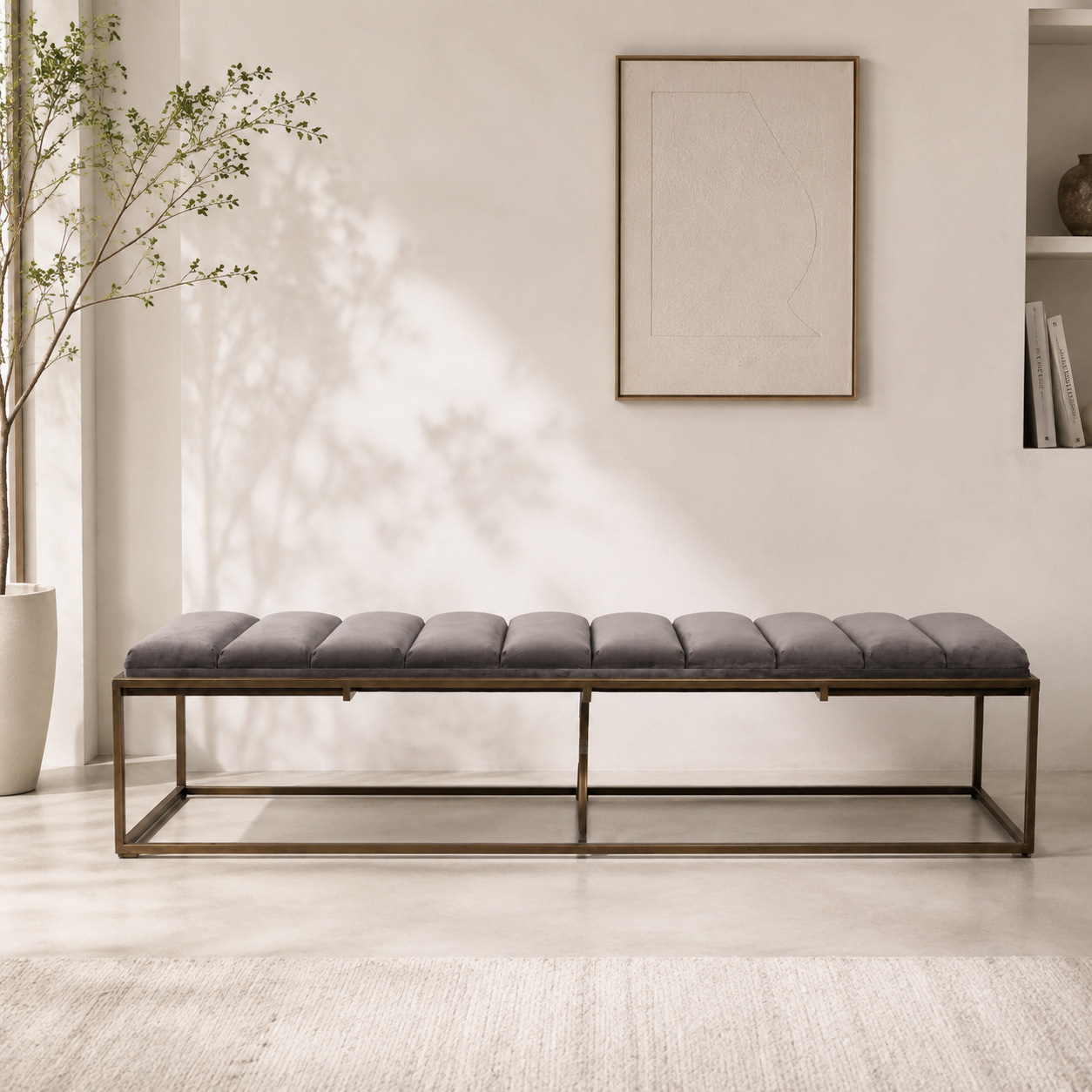 Retro metal frame long bench for changing shoes, fabric segmented cushion, simple and casual home entryway and bedroom end-of-bed bench
