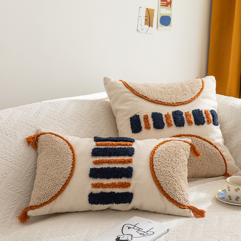 Marokkói stílusú, skandináv stílusú pamutvászon hurok bársony sztereó geometria fürtözött hímzett kanapépárna modellszoba párnahuzat_voghion.com