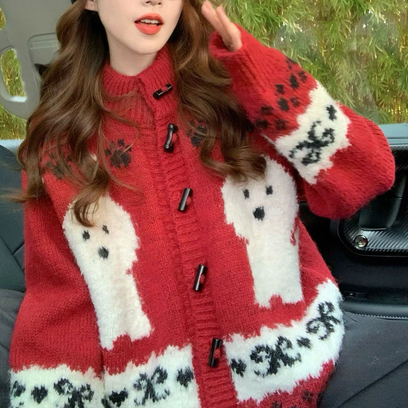 New Year's Christmas Red Stand Collar Bone Button Sweater Thick Coat Retro Puppy Jacquard Knitted Cardigan Jacket Women Autumn Winter New Year's Christmas Red Stand Collar Bone Button Sweater Thick Coat Retro Puppy Jacquard Knitted Cardigan Jacket Women Autumn Winter