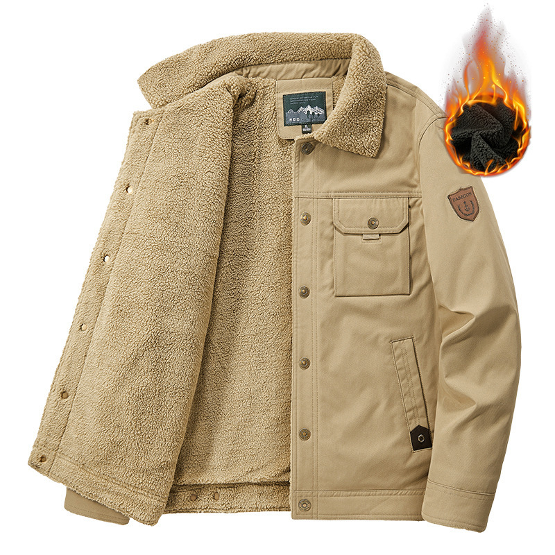 Factory Outlet In-Stock Middle-Aged Men's Washed Jacket, Winter Clothing, Fleece-Lined, Thickened, Lamb Wool, Casual, Warm Men's Clothing
