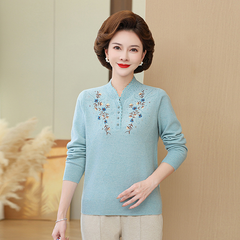 中年秋冬100%羊毛妈妈女秋装纯羊毛针织中老年毛衣半高领打底衫v，女装针织衫/毛衣，妃慕昵服饰