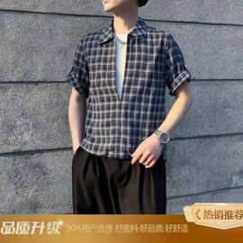 2026新款男夏个性薄款黑白格子假两件轻熟风休闲恤衬衫男短袖