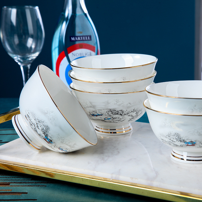 溪山瑞雪描金边单碗景德镇骨瓷吃饭碗饭店家用餐厅米饭碗厂家直供