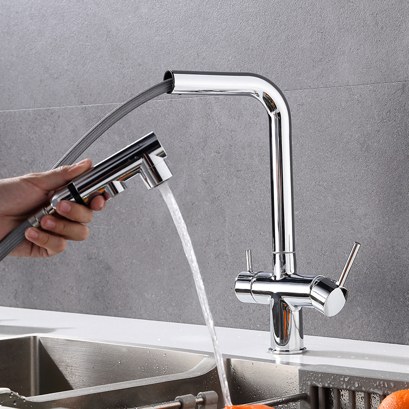 Grifos de cocina de extracción de explosión rusa transfronteriza, lavabos de verduras calientes y fríos, 3 - en - 1 grifos de purificación de agua de doble control
