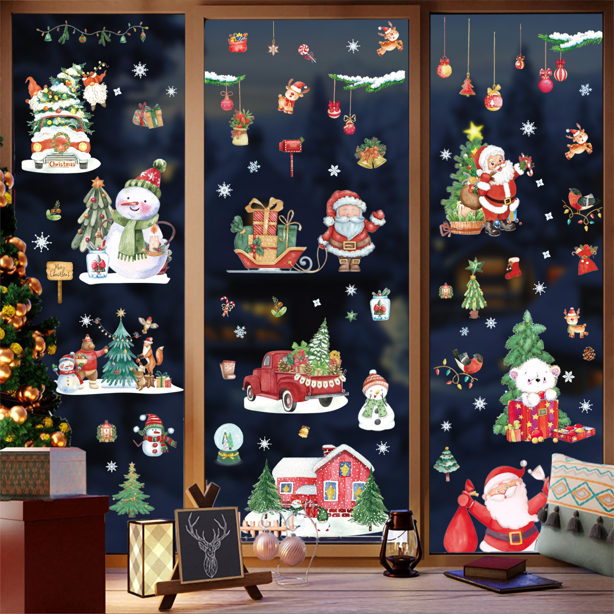 Nueva acuarela Santa Claus ELK Navidad estática decoración de la ventana pegatinas FIESTA DE Navidad decoración de la ventana pegatinas