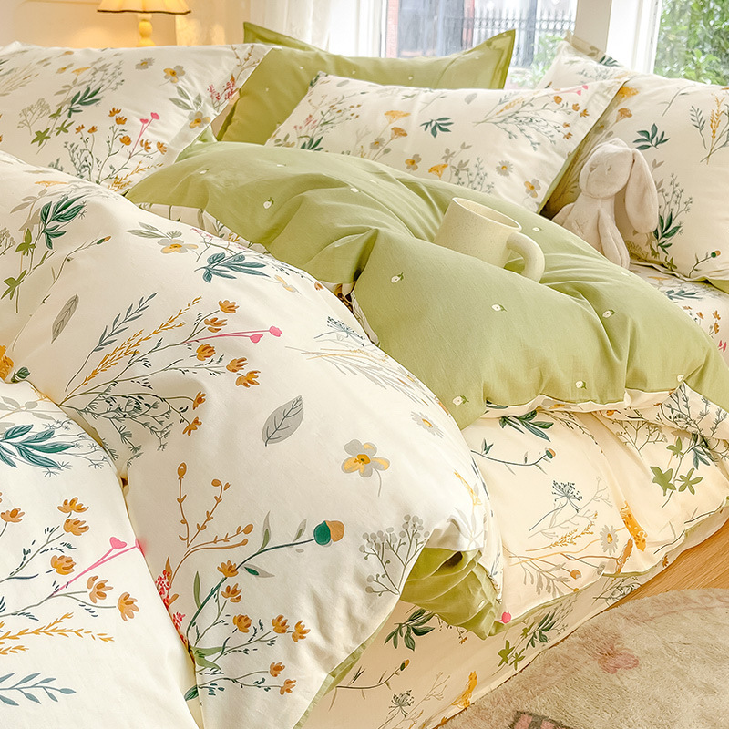Pure Cotton Four-Piece Set, All-Cotton 2025 New Style Bedding, Fresh Floral Duvet Cover, Bed Sheet, Dormitory Three-Piece Set, Fitted Sheet