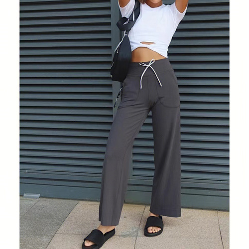 Throwback High-Waist Wide-Leg Pants for Women, Belted Drawstring Bare-Fit Yoga Pants, Loose and Slimming Fitness Pants