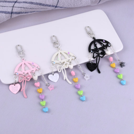 Colorful Heart Umbrella Keychain Metal Bow Pendant Girly Heart Car Bag Pendant Cute Accessories
