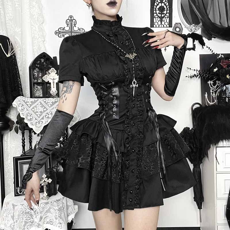 DY26042 Summer New Dark Subculture Personality Short Skirt Black Sweet Punk Stand Collar Gothic Retro Dress DY26042 Summer New Dark Subculture Personality Short Skirt Black Sweet Punk Stand Collar Gothic Retro Dress