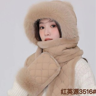 2024 Winter New Women's Cute Down Cotton Fur Ball Hat Scarf Gloves One Three-piece Set Thickened Warm