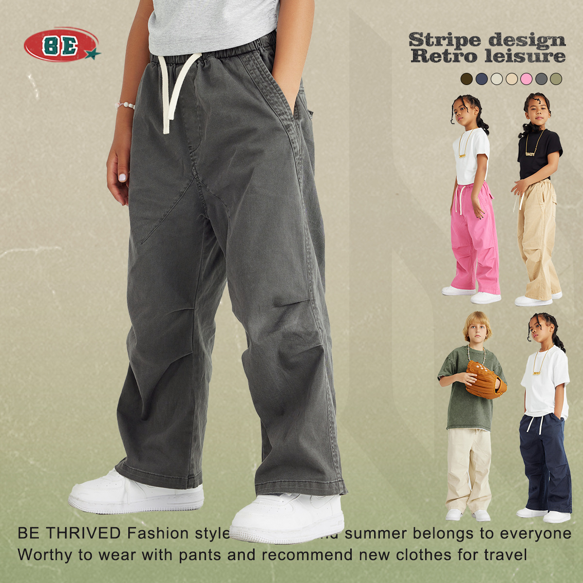 BE children's clothing 2025 spring and summer trendy brand retro boy pants washing green pattern outdoor loose trendy foreign trade girls pants