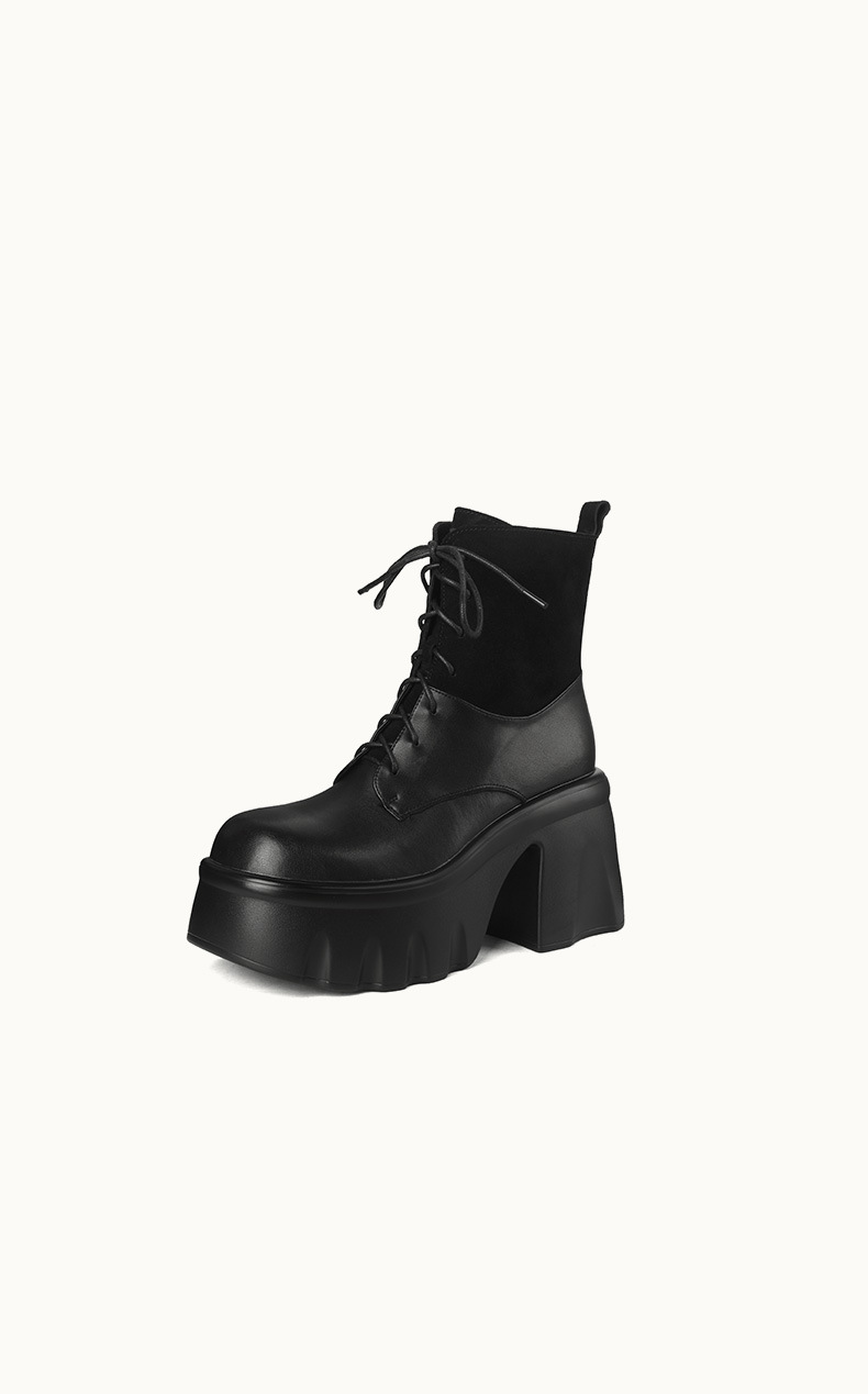 Boot nữ cổ thấp gót dày 10cm da bò chống nước, dây kéo phối dây buộc — Lớp lót nhung đen, Lớp lót đơn màu đen chi tiết 9