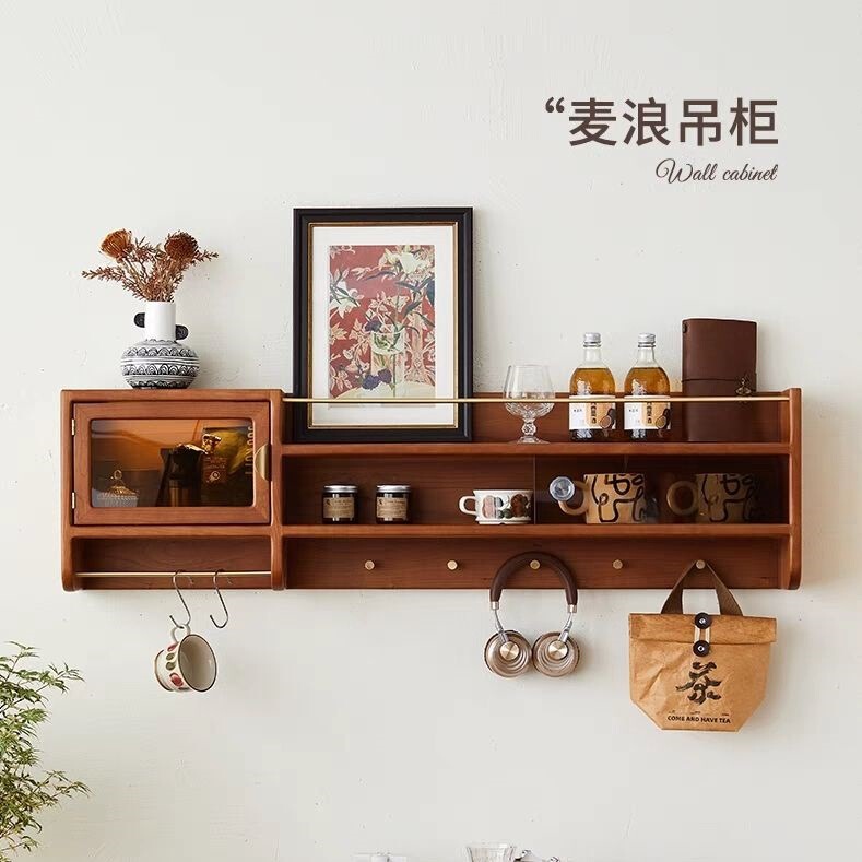 Solid Wood Mid-Century Style Wall-Mounted Storage Rack, Wall-Mounted Cup Cabinet, Nordic Kitchen Wall Cabinet, Floating Sideboard, Wine Cabinet