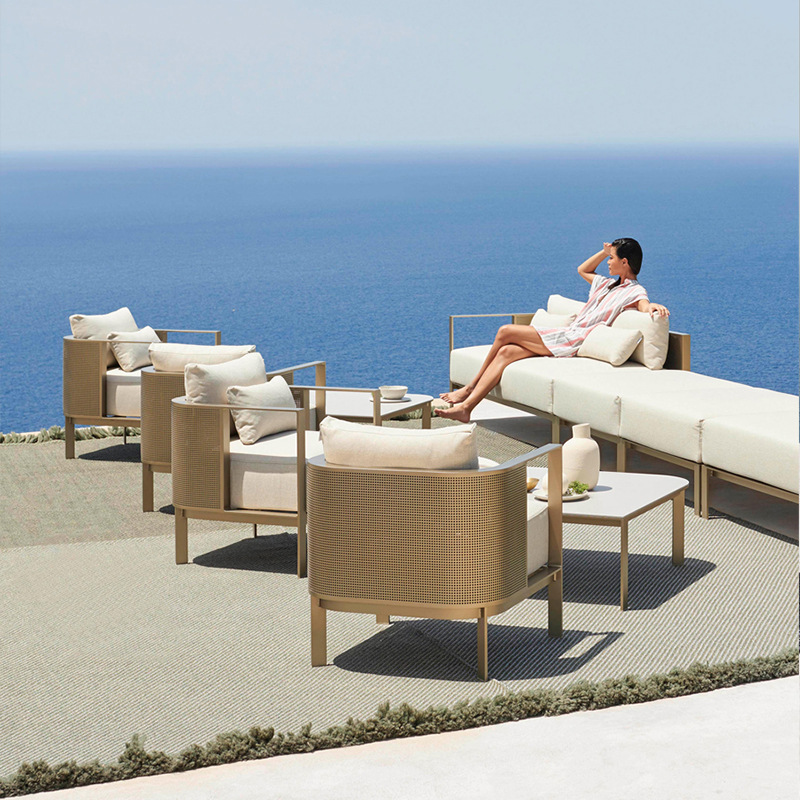 Stainless steel outdoor sofa, waterproof and sunproof, courtyard, open-air, balcony, leisure furniture, coffee table set, wicker chair