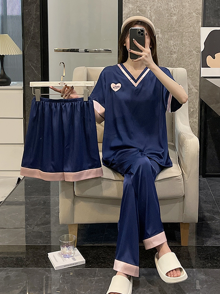 아이스 실크 파자마 여성 여름 반팔 실크 얇은 3 피스 세트 플러스 사이즈 학생을위한 봄 가을 홈 의류