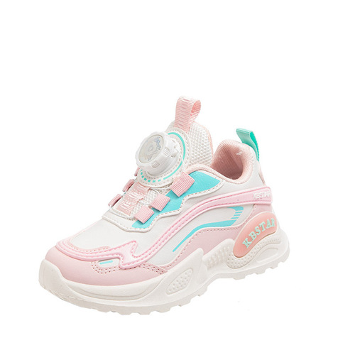 Children's rotating button sneakers 2024 spring new leather leather running shoes for boys and girls, middle and large children, white running shoes