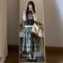 日系早秋一整套穿搭可爱小熊针织衫马甲背★心毛衣女衬衫格纹半身