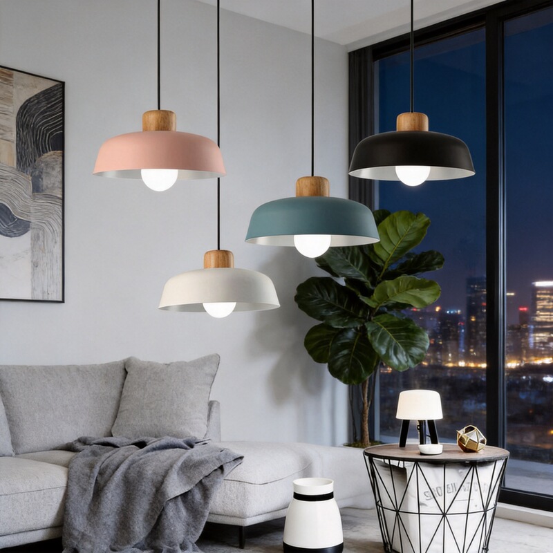 Nordic Pendant Light with Creative and Unique Design, Single-Head, Simple and Modern, Made of Natural Wood, Japanese-Style, Suitable for Dining Room, Study, and Restaurant, with Colorful Pot Lid Lampshade