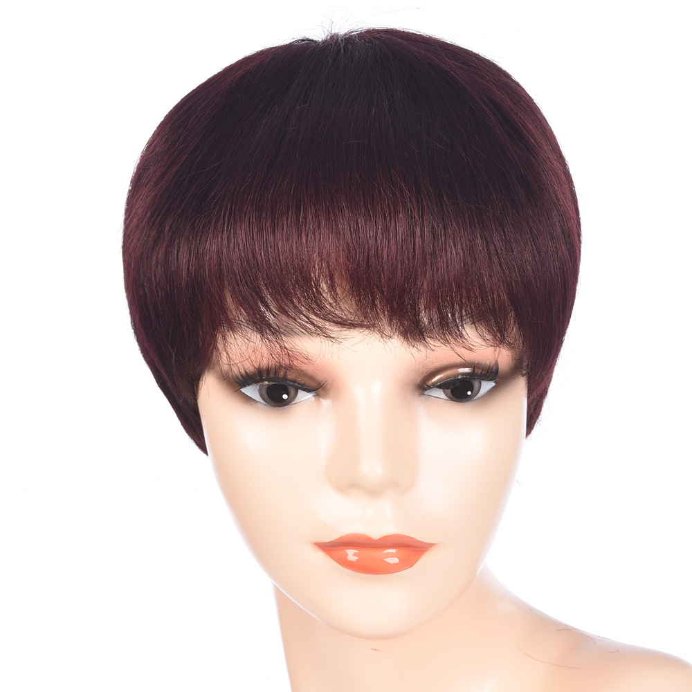 Handgewebtes, kurzes, glattes Echthaar-Stirnband für Mütter mittleren und höheren Alters mit rundem Gesicht, natürliche Perücke, burgunderrot_voghion.com